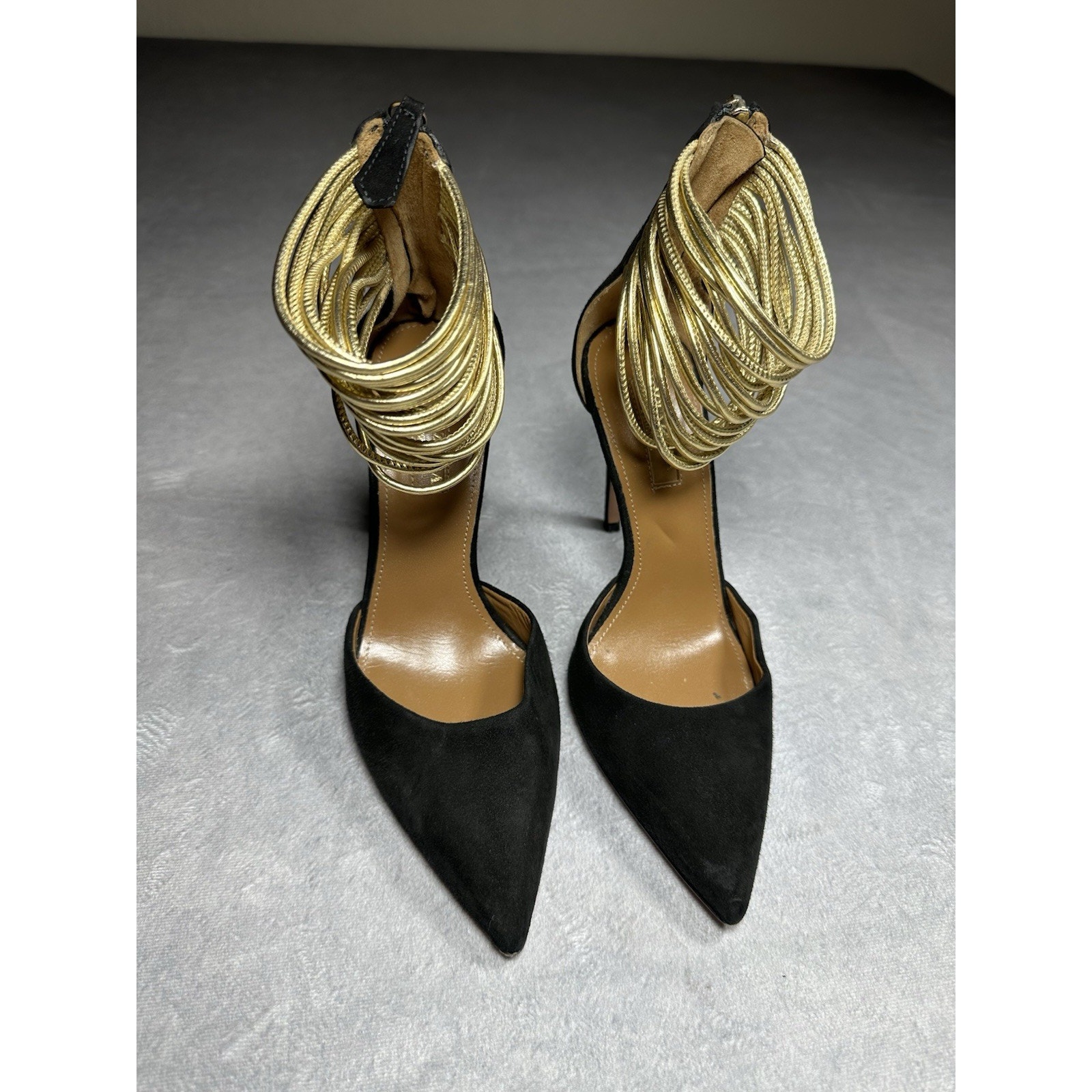 Aquazzura Hello Lover Black Suede Gold Ankle Strap Heels Size 35.5
